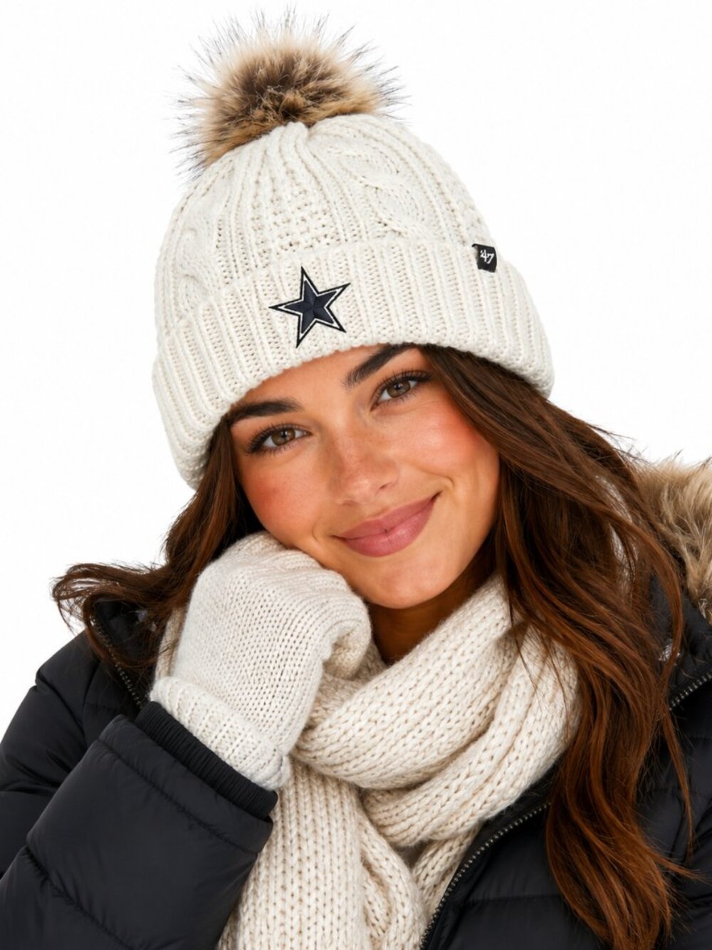 Dallas Cowboys Womens Hat '47 Meeko Cable Knit Faux Fur Pom Embroidered